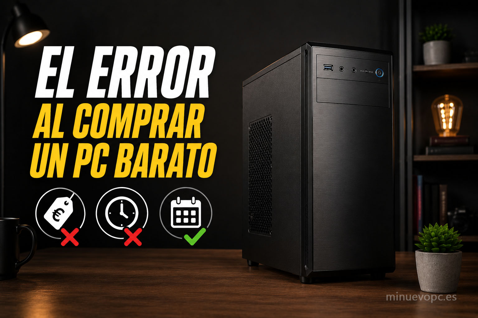 PC de sobremesa económico sobre un escritorio, junto a monitor y periféricos, mostrando el riesgo de elegir solo por precio y no por duración