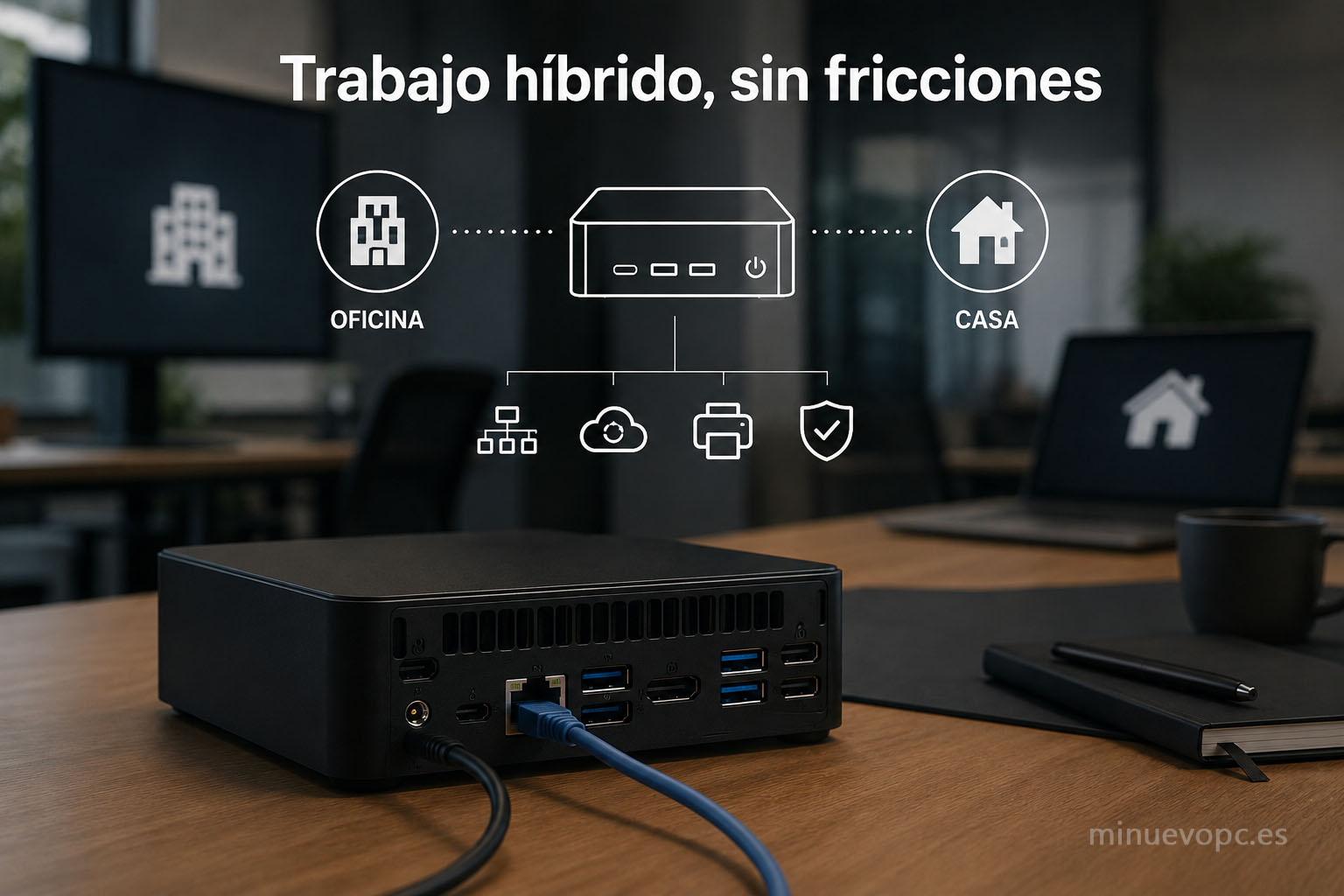 Mini PC empresarial para trabajo híbrido conectado a oficina y teletrabajo, con acceso remoto, red local y gestión centralizada