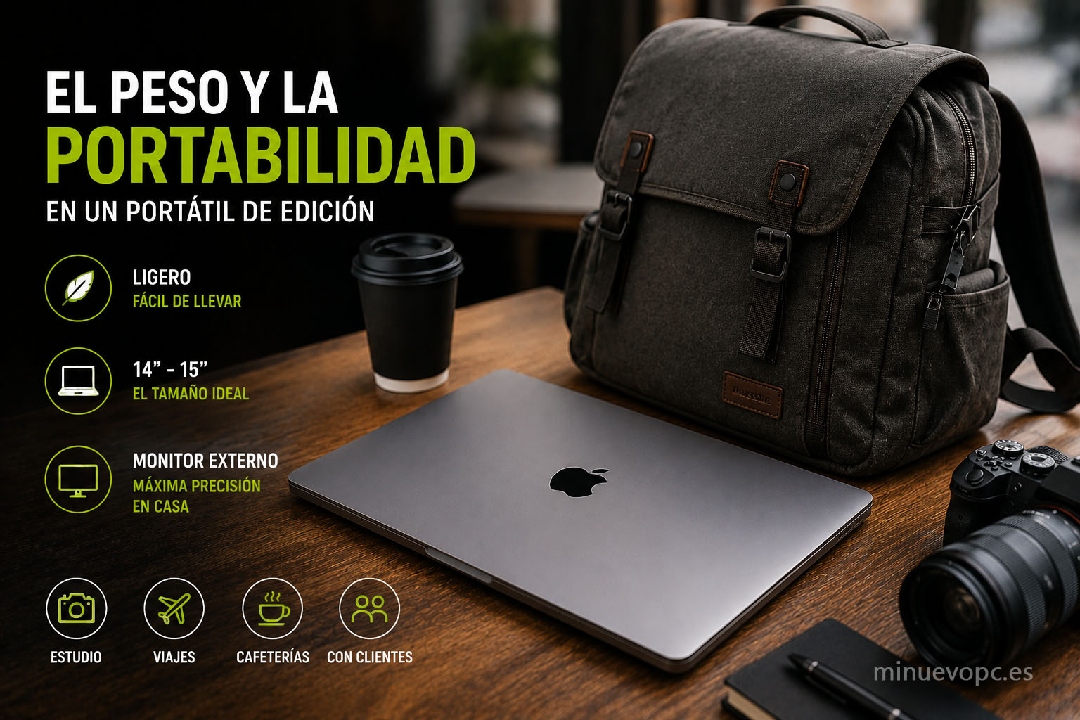 Portátil ligero de 14-15 pulgadas junto a mochila y cámara, una opción práctica para comprar y editar fotos durante viajes y sesiones fuera de casa