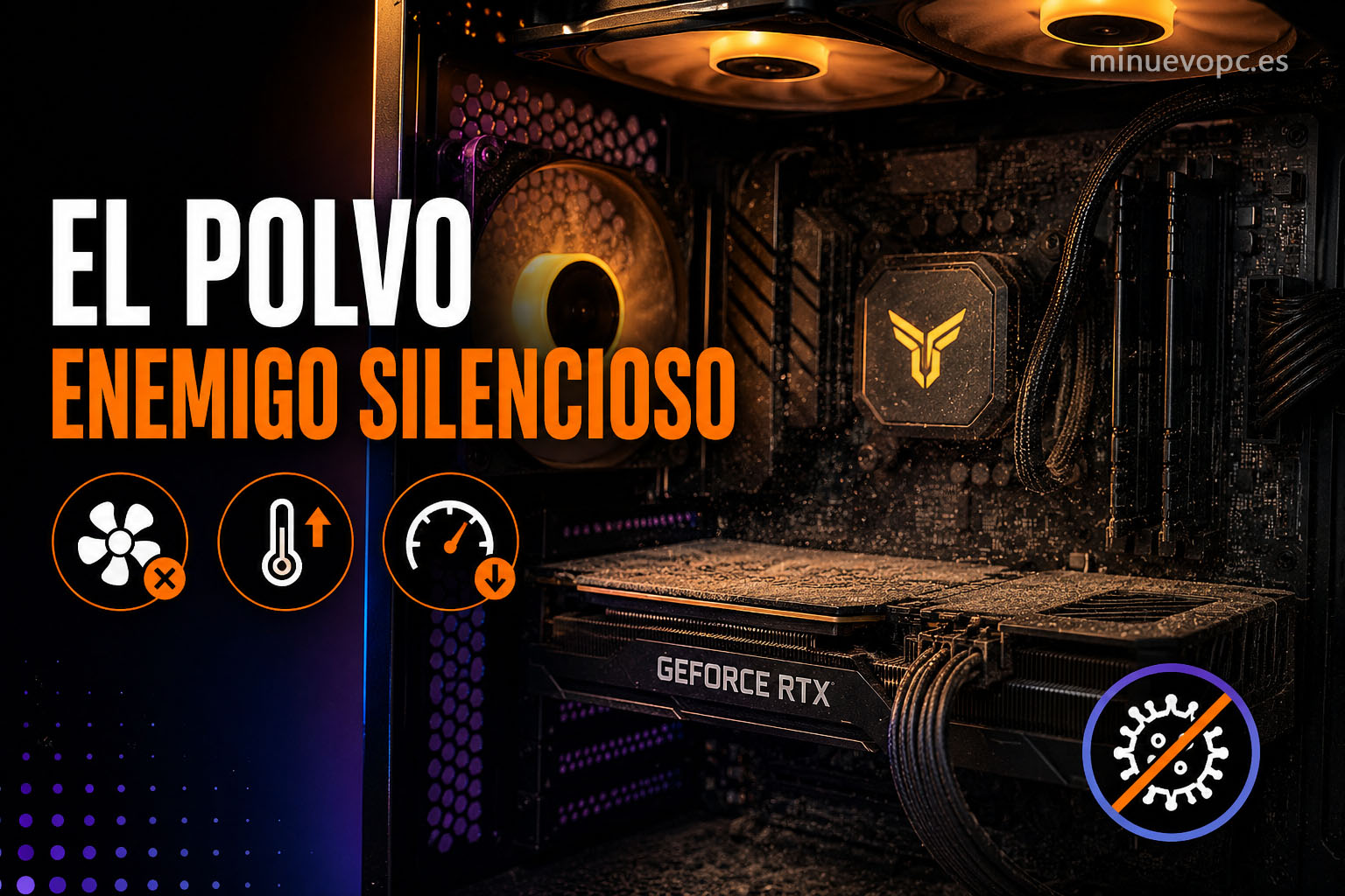 Interior de un PC gaming con polvo sobre la GPU y los ventiladores, clave para entender por qué limpiar el PC gaming ayuda a controlar la temperatura