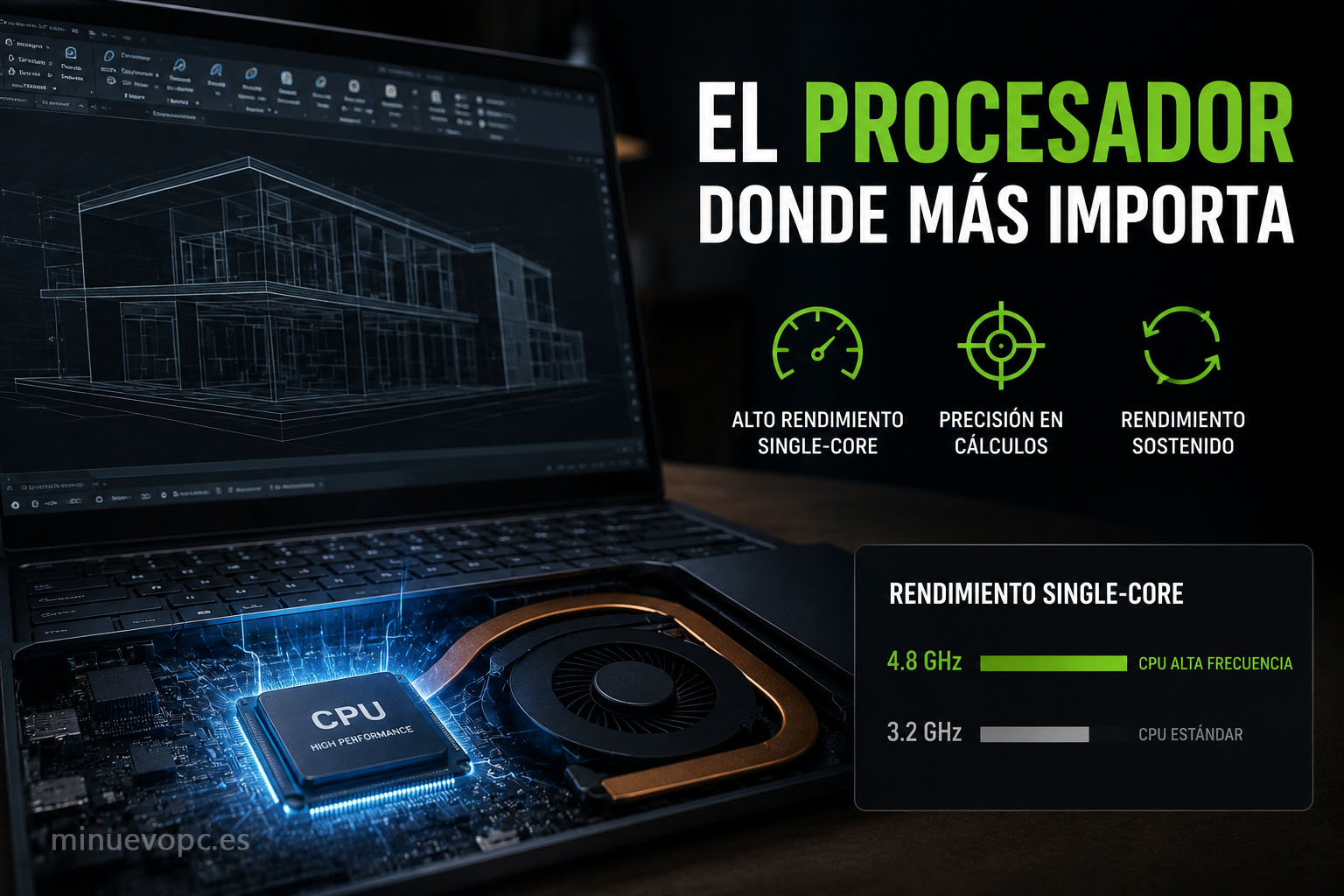 Detalle del procesador de un portátil para AutoCAD mostrando la importancia del rendimiento single-core en diseño técnico