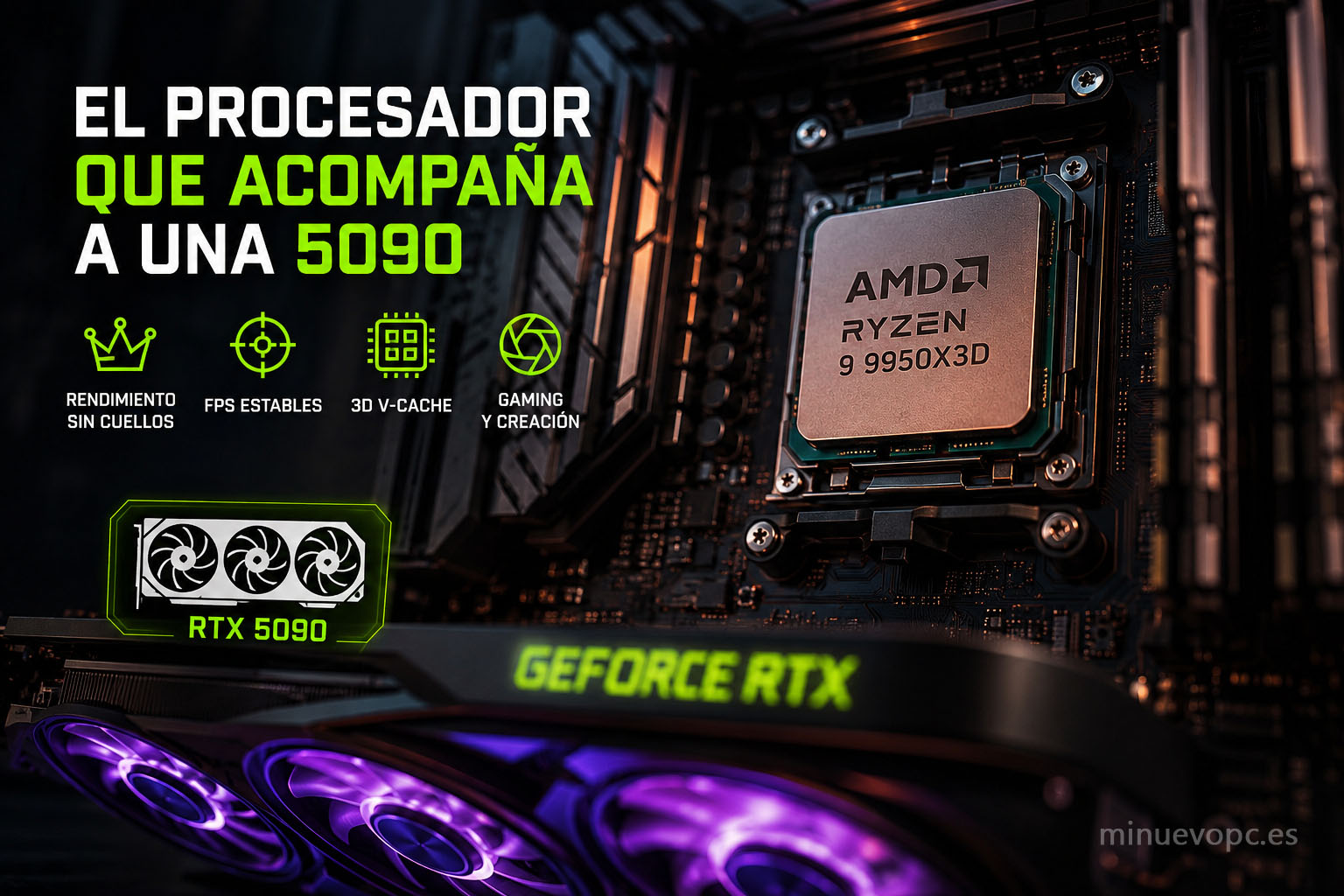 Mejor procesador para RTX 5090 en PC gaming premium, con tecnología 3D V-Cache para máximo rendimiento y framerate consistente