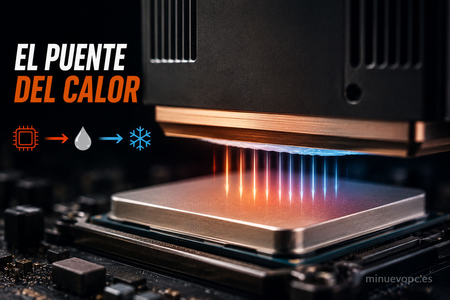 Representación de la transferencia de calor entre CPU y disipador, clave para mantener buenas temperaturas y un rendimiento estable
