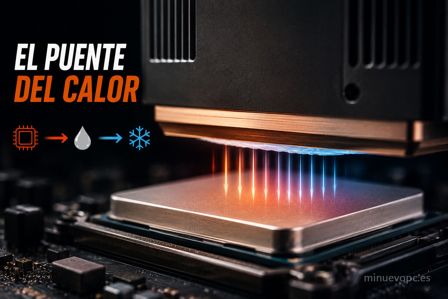 Representación de la transferencia de calor entre CPU y disipador, clave para mantener buenas temperaturas y un rendimiento estable