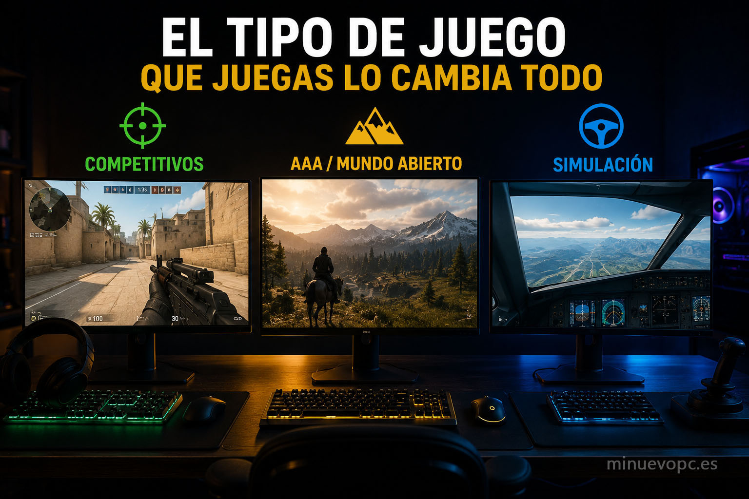PC gaming para juegos competitivos, AAA y simulación mostrando cómo cambia la vida útil del hardware según el tipo de juego