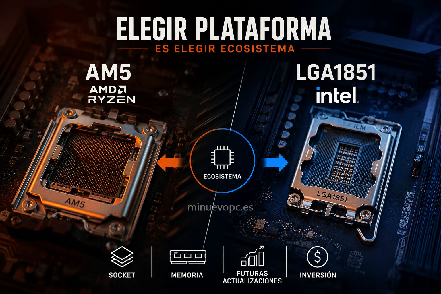 Socket AM5 frente a LGA1851 mostrando cómo influye la plataforma en futuras actualizaciones, memoria DDR5 y coste total del PC gaming