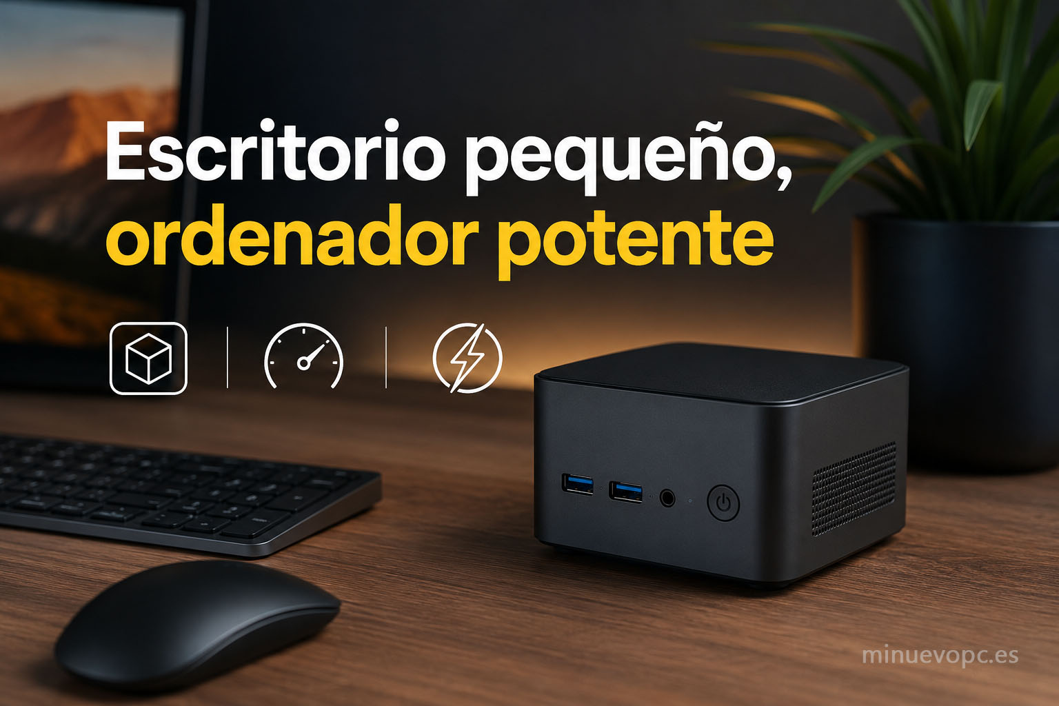 Mini PC compacto sobre escritorio moderno, guía para elegir un ordenador potente que ahorra espacio con la mejor relación calidad precio