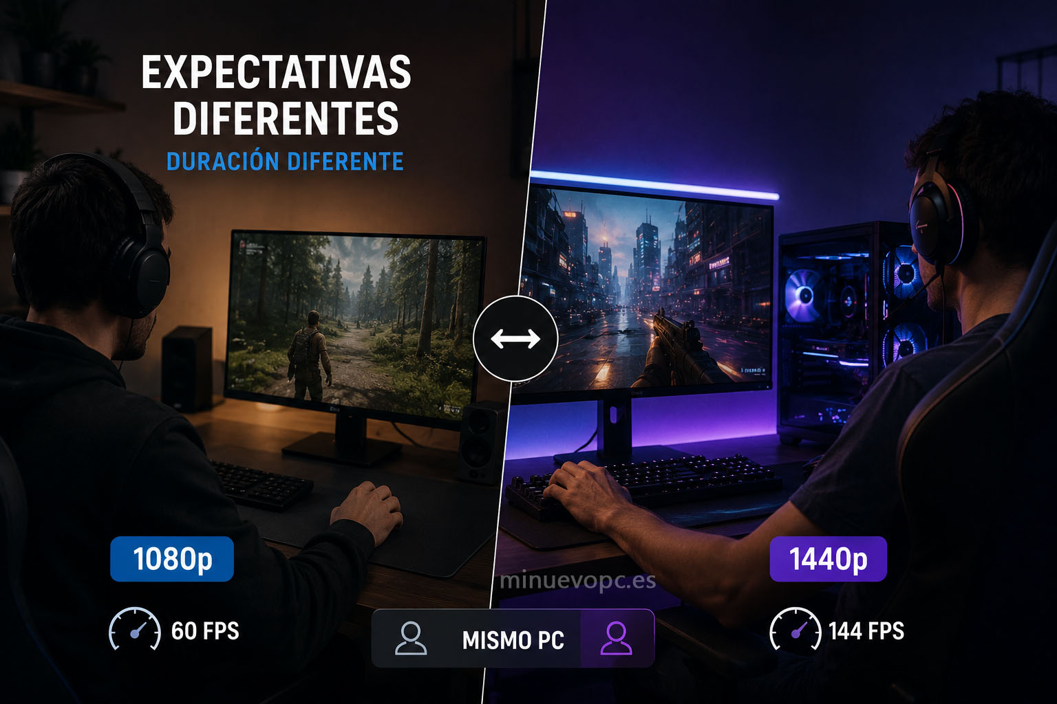 Mismo PC gaming utilizado por jugadores con expectativas diferentes en resolución y FPS, mostrando cómo cambia la obsolescencia percibida