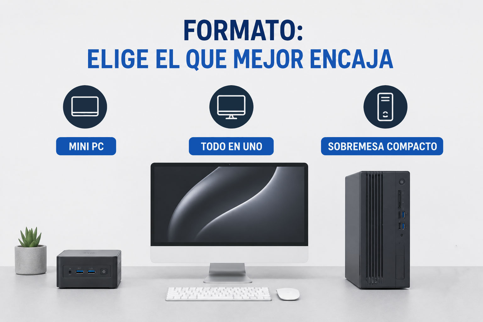 Comparativa visual de mini PC, todo en uno y sobremesa compacto para oficina según espacio, orden y posibilidades de ampliación