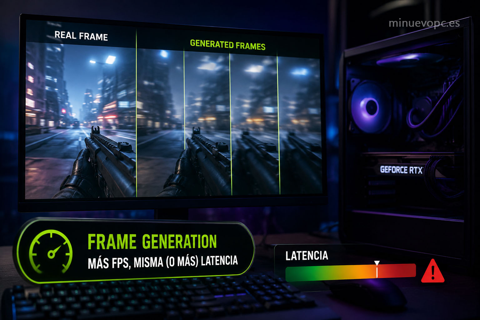Comparativa de Frame Generation en DLSS y FSR mostrando más FPS pero mayor latencia, clave para elegir la mejor tecnología gaming calidad precio.