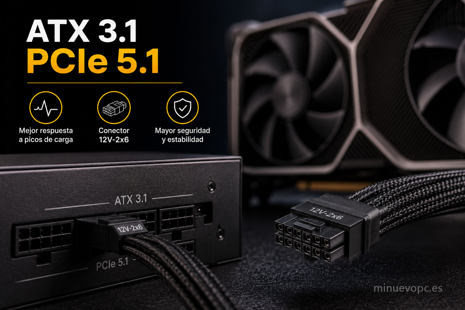 Fuente de alimentación ATX 3.1 con conector PCIe 5.1 12V-2x6 para tarjetas gráficas modernas y mayor seguridad frente a picos de consumo