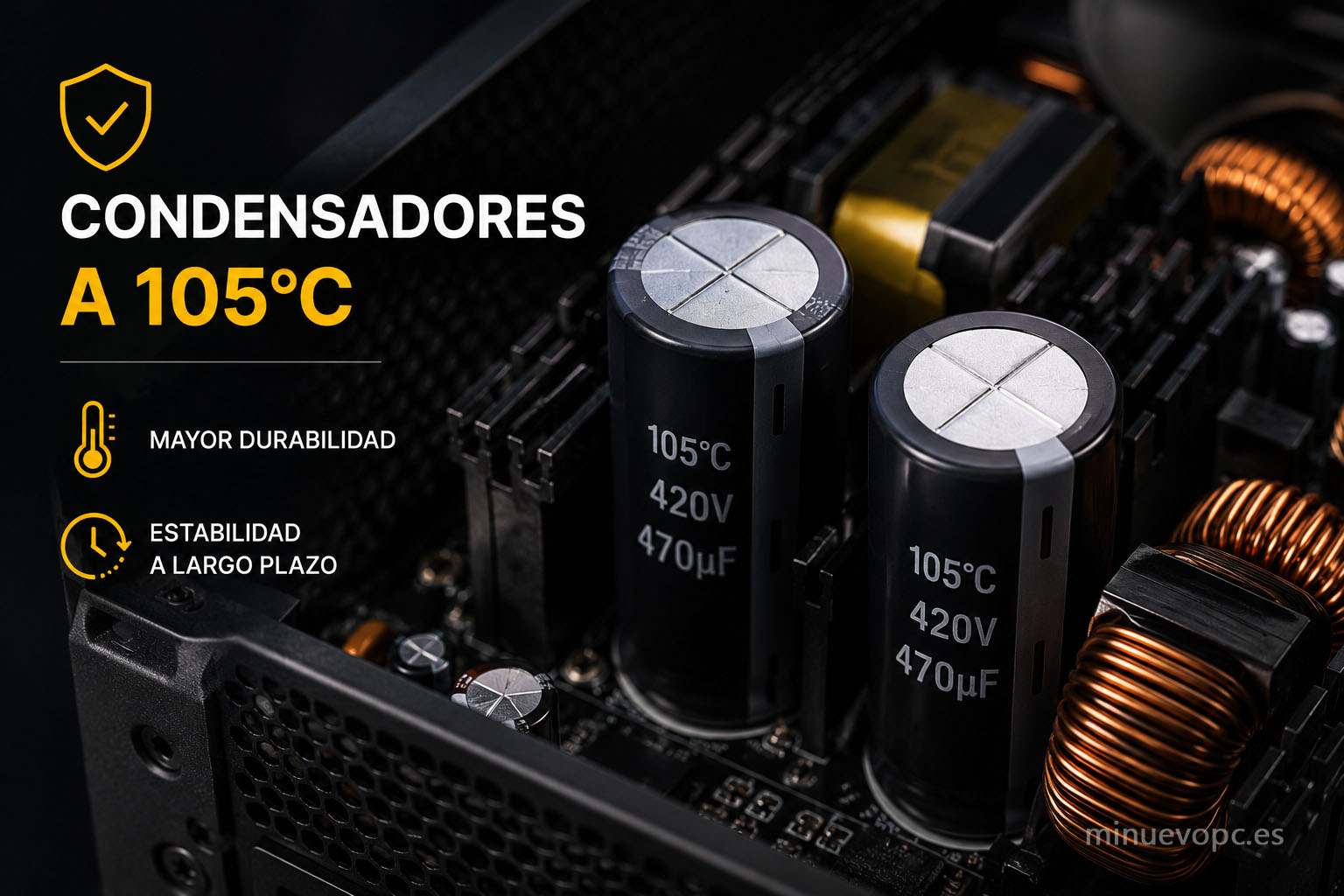 Detalle de condensadores japoneses de 105°C en una PSU de calidad, clave para mejorar la durabilidad y estabilidad eléctrica a largo plazo