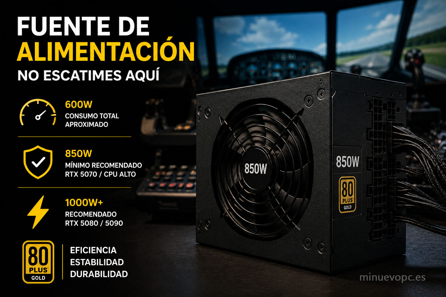 Fuente de alimentación 850W 80 Plus Gold para un PC gaming de simulación exigente