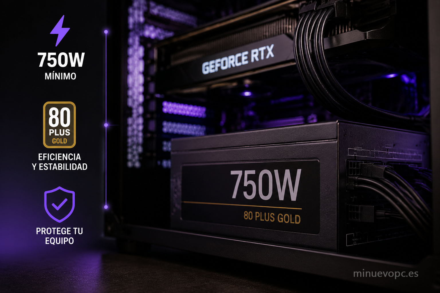 Interior de un PC de edición de vídeo con fuente 750W 80 Plus Gold y GPU dedicada, clave al comprar un equipo potente y estable