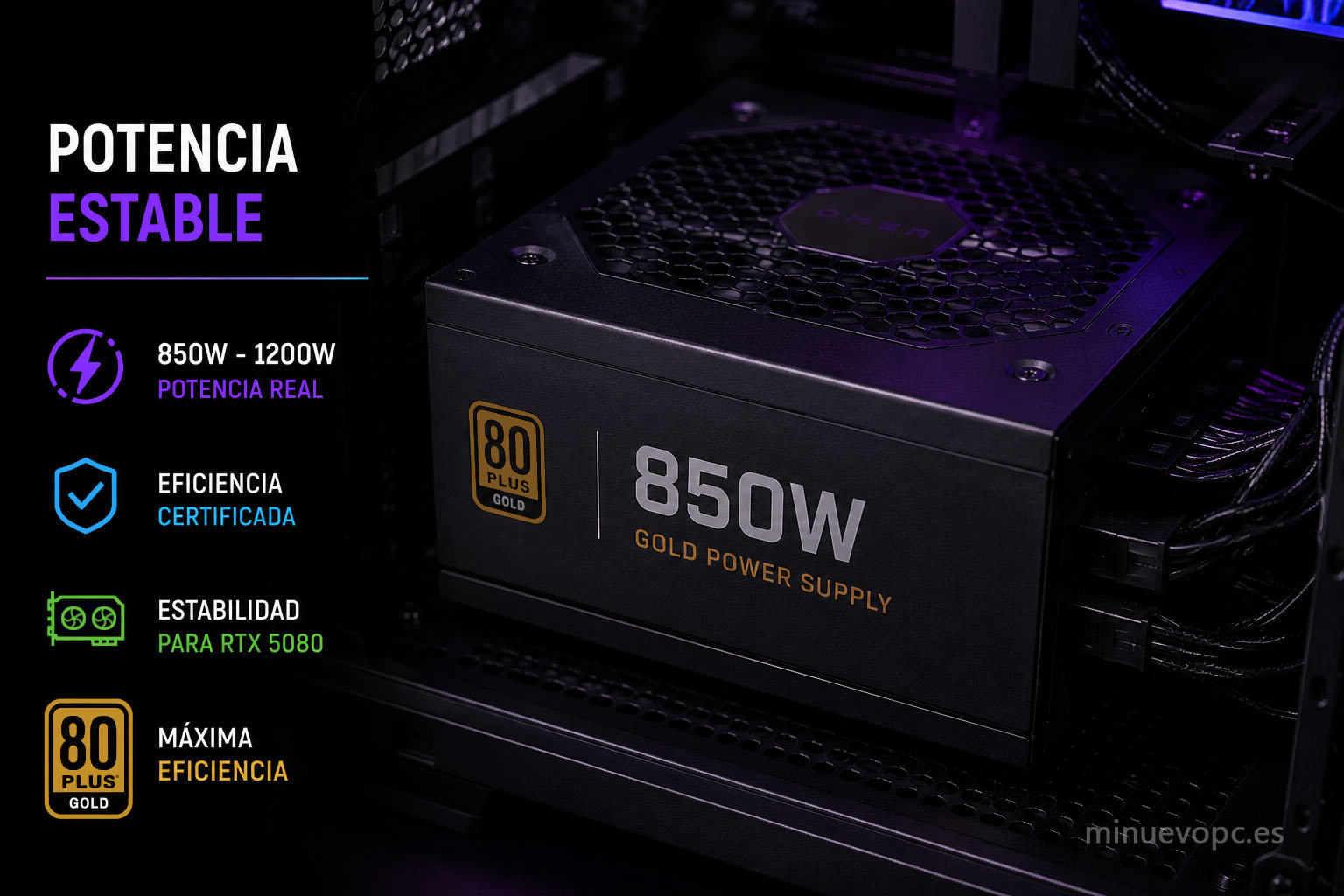 Fuente de alimentación de 850W para PC gaming RTX 5080 con potencia estable, eficiencia certificada y máxima fiabilidad