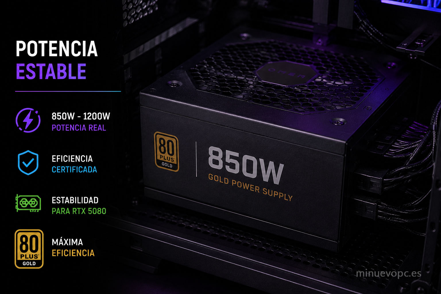Fuente de alimentación de 850W a 1200W para PC gaming RTX 5080 con potencia estable, eficiencia certificada y máxima fiabilidad