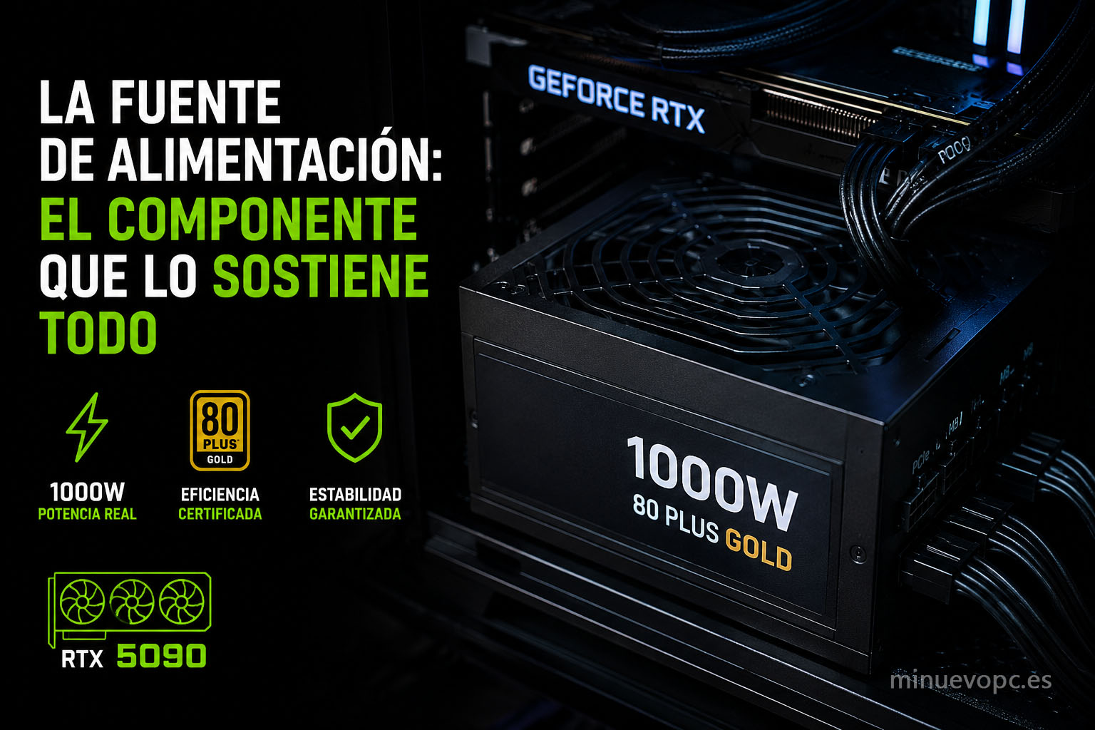 Fuente de alimentación de 1000W Gold para PC gaming con RTX 5090, componente esencial para comprar un equipo estable y fiable