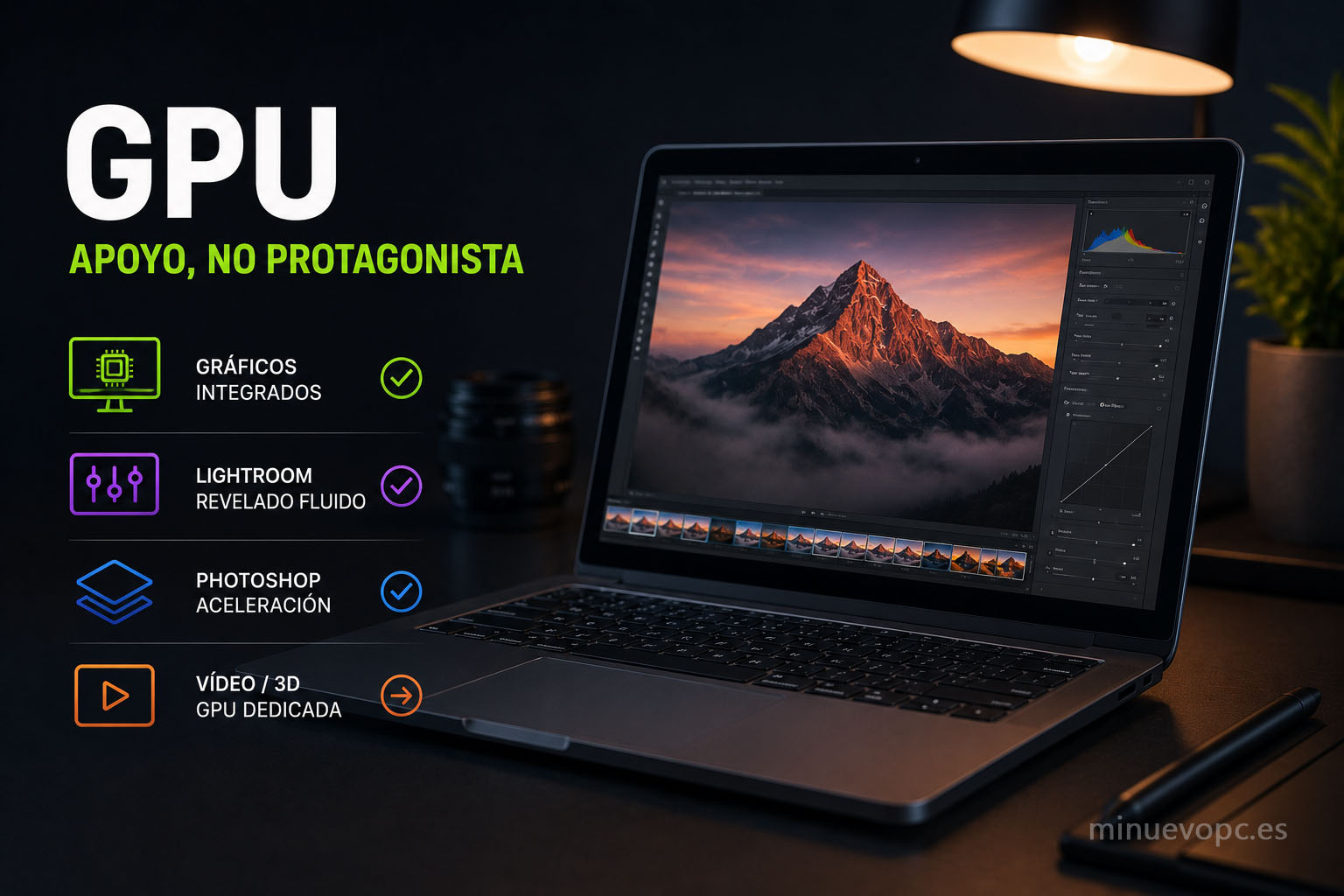 GPU para Lightroom y Photoshop mostrando cuándo merece la pena comprar gráfica dedicada y cuándo no es necesaria.