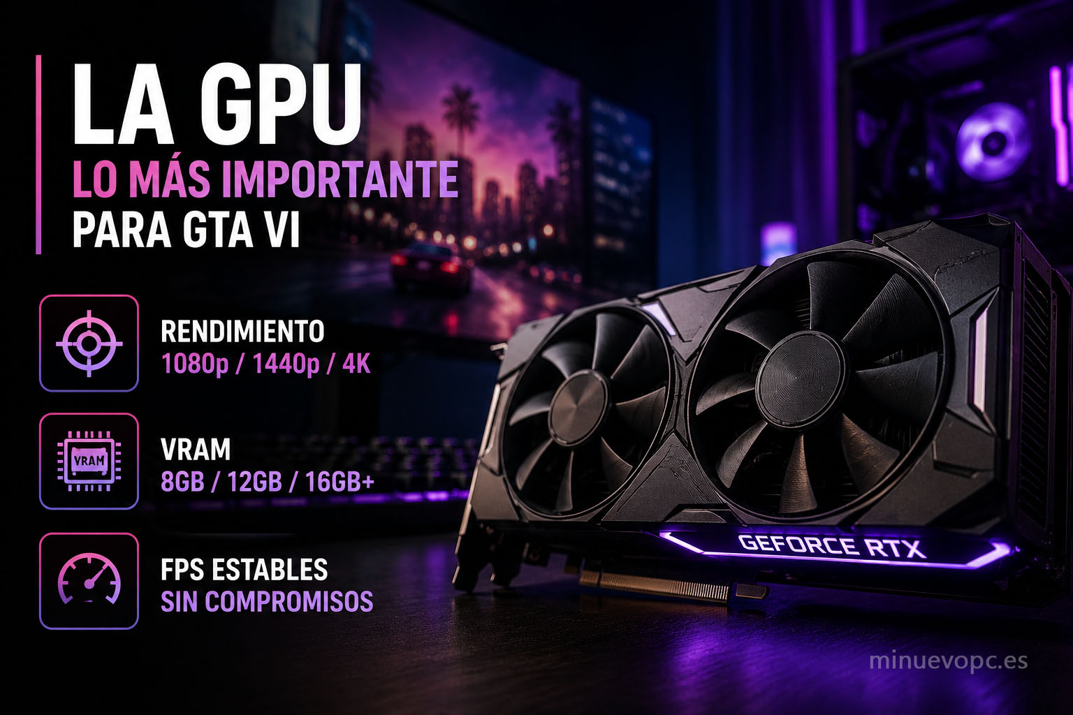 Tarjeta gráfica para GTA VI comparando rendimiento, VRAM y calidad precio en distintas gamas para elegir la mejor GPU según presupuesto.