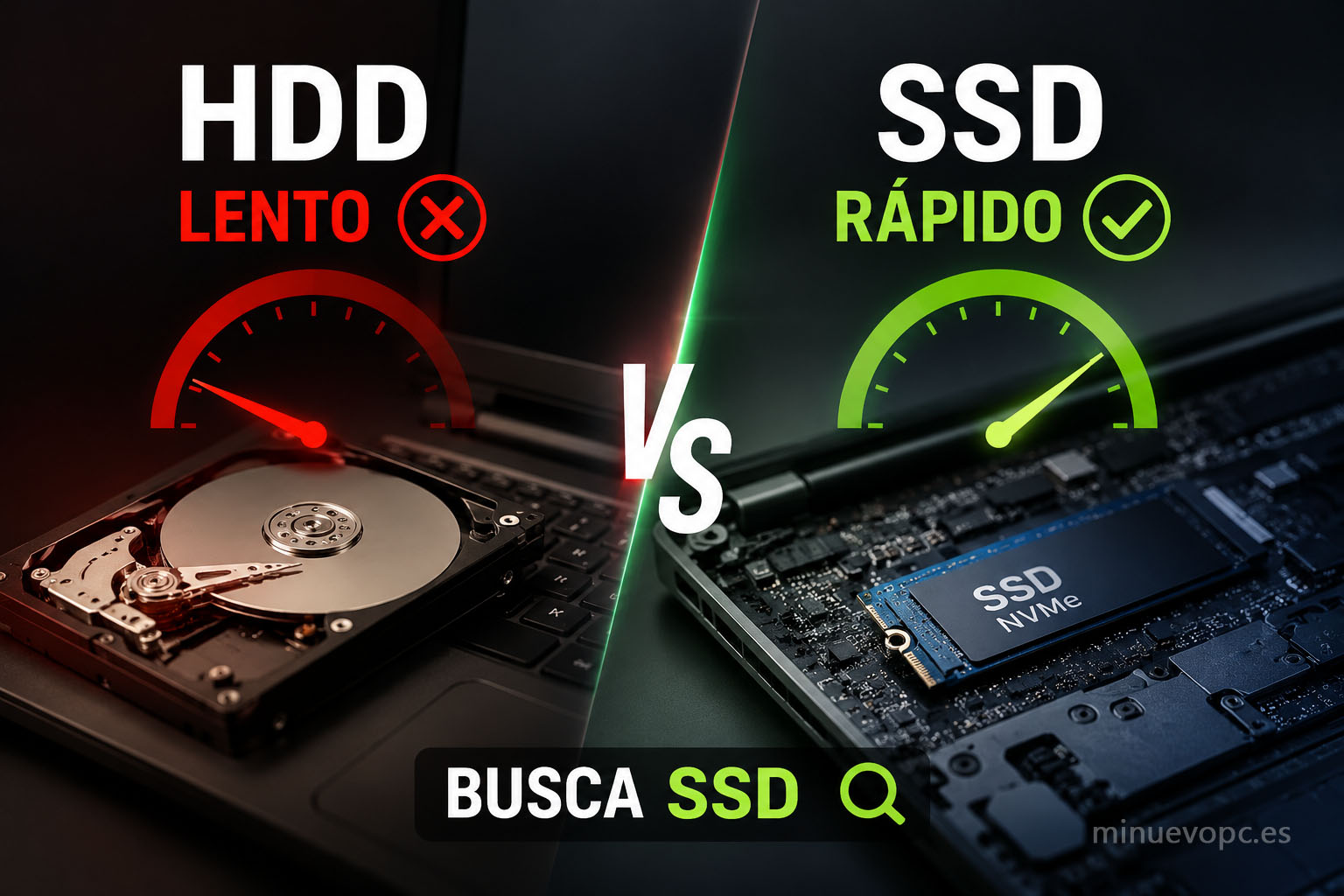Comparativa entre SSD y disco duro HDD mostrando por qué el almacenamiento determina la velocidad real de un portátil