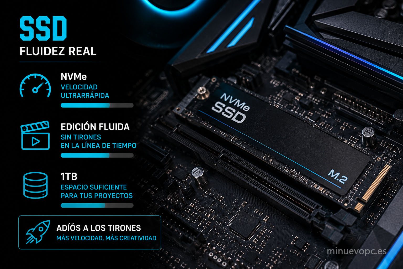 SSD NVMe de alta velocidad para editar vídeo sin tirones, reducir tiempos de carga y mejorar la experiencia en proyectos de YouTube