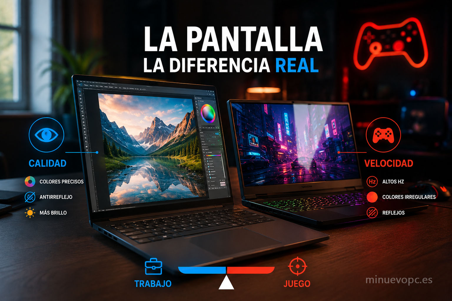 Comparativa de pantalla entre portátil gaming y ultrabook con diferencias en color, brillo, reflejos y frecuencia antes de comprar