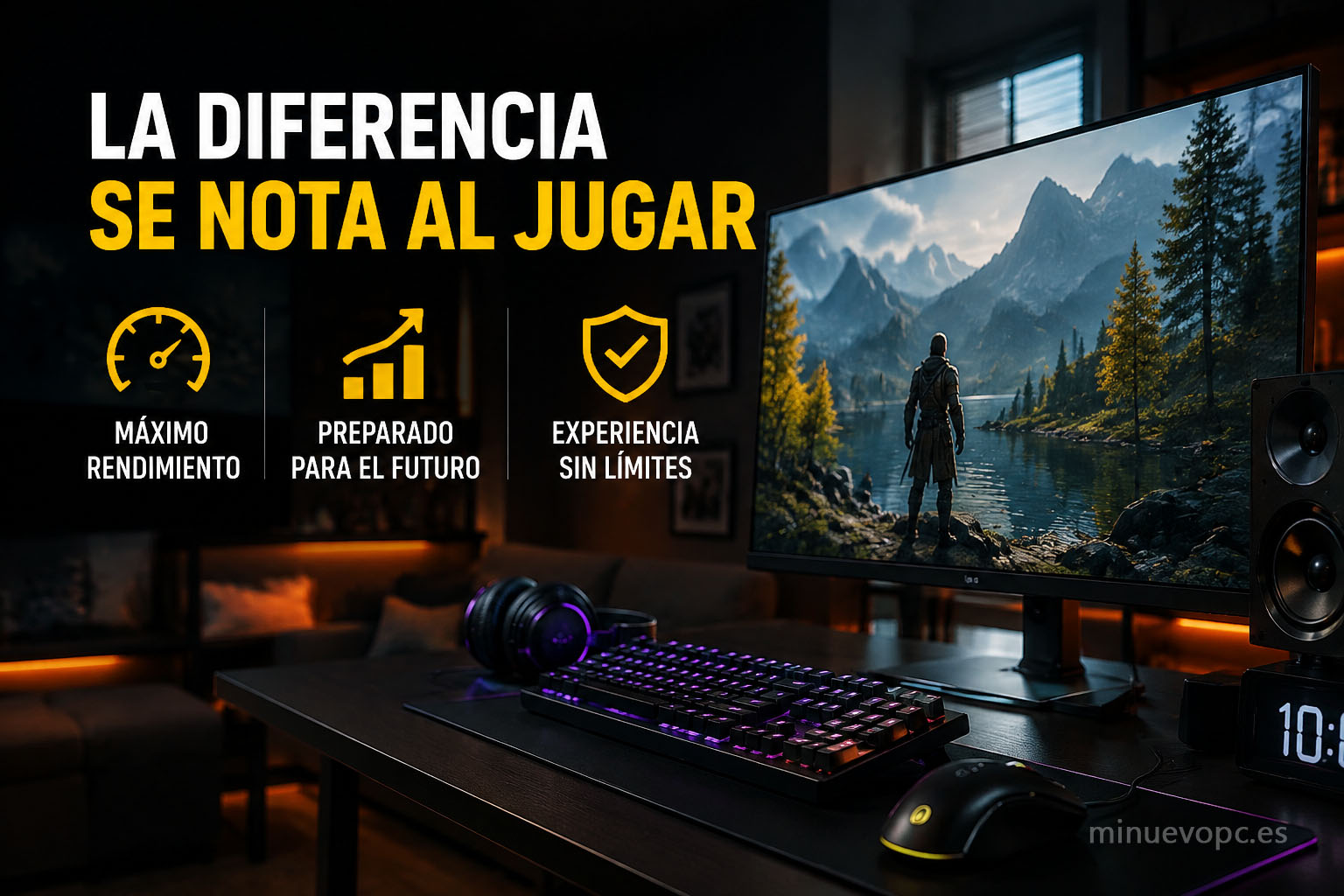 Comparativa visual de un PC gaming de gama alta con GPU RTX, rendimiento superior y componentes preparados para futuros juegos exigentes