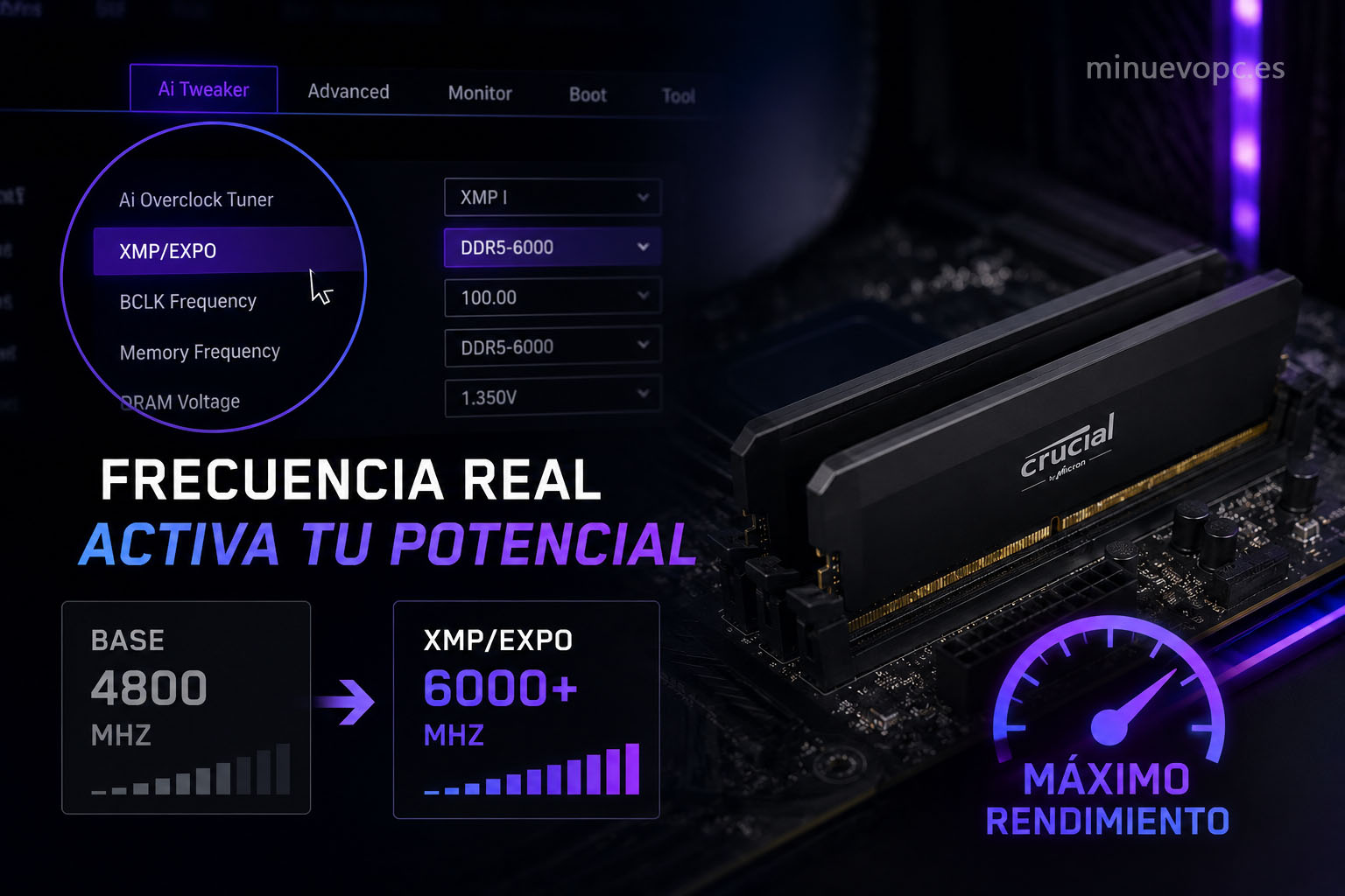 Activación del perfil XMP o EXPO para aprovechar la frecuencia real de la memoria RAM DDR5 y mejorar el rendimiento del PC gaming