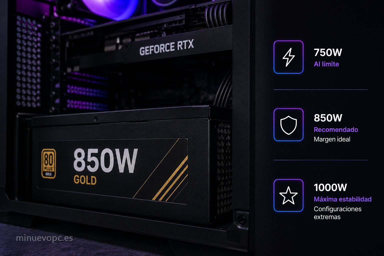 Fuente de alimentación 850W o 1000W Gold recomendada para un PC con RTX 5080 estable, eficiente y preparado para durar
