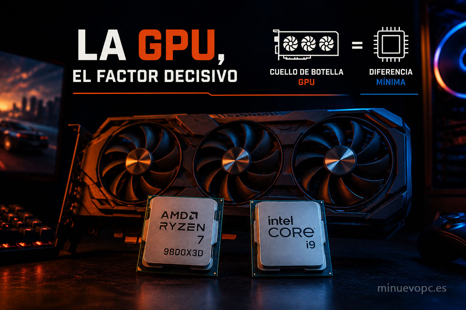 Tarjeta gráfica gaming junto a procesadores AMD Ryzen e Intel Core mostrando cuándo la GPU limita más que la CPU en videojuegos