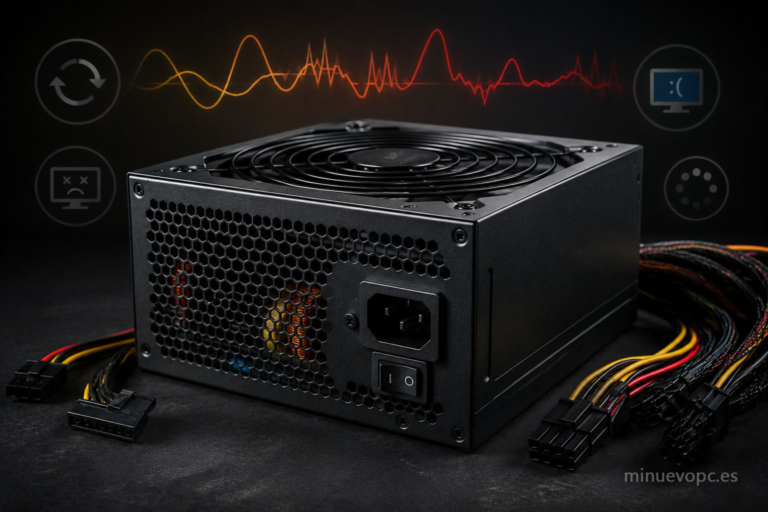 Fuente de alimentación ATX para PC sobre una mesa de trabajo con cables conectados y representación visual de inestabilidad eléctrica y fallos del sistema