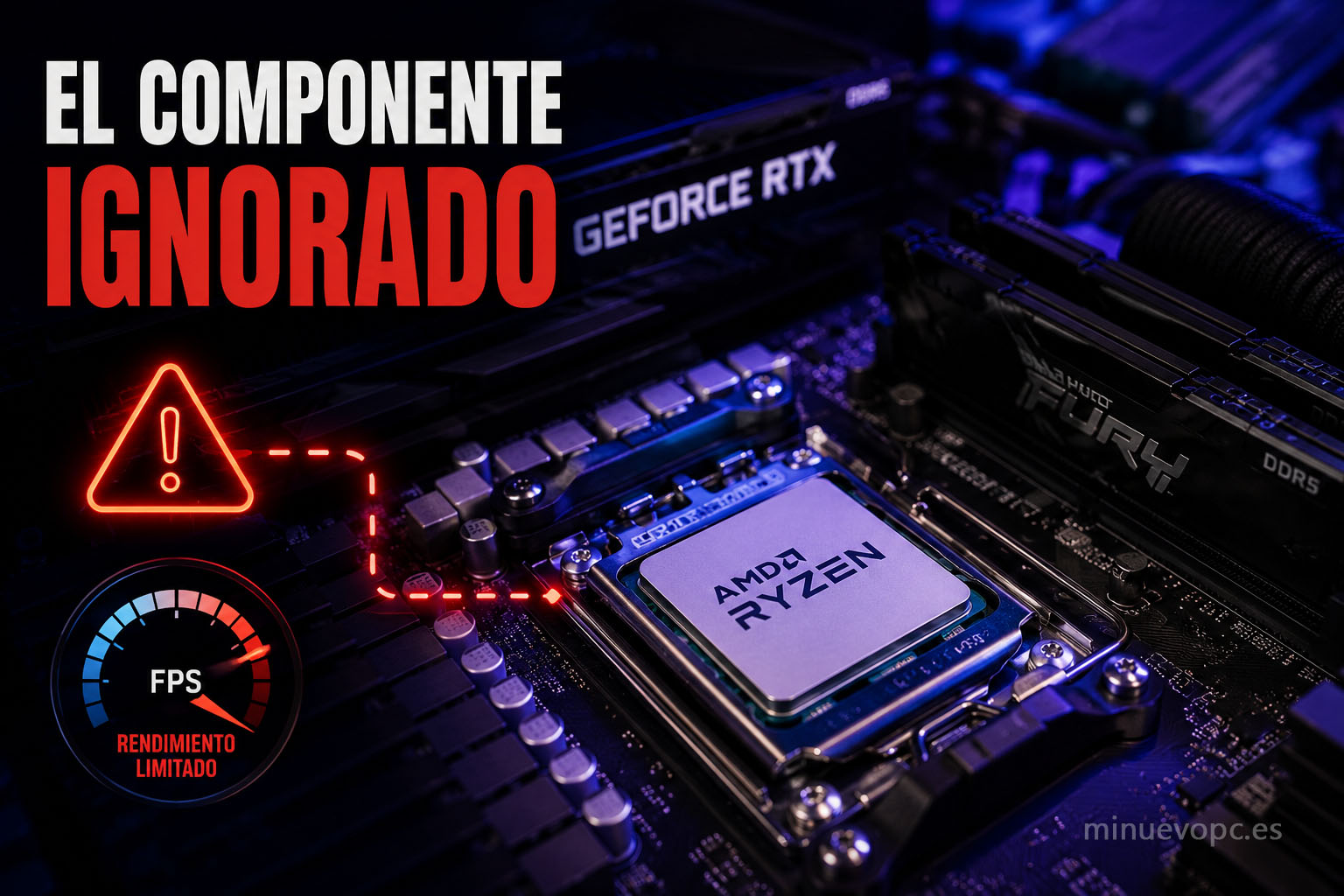 Procesador Ryzen junto a RTX 5070 mostrando la importancia de evitar cuellos de botella para lograr más FPS en gaming