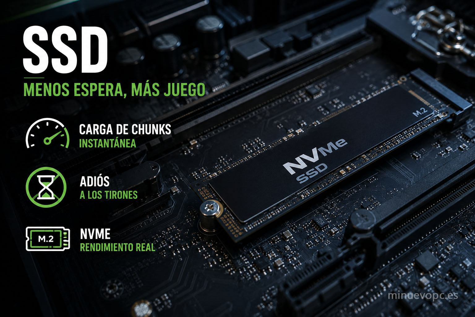 SSD NVMe instalado en placa base gaming para acelerar la carga de chunks en Minecraft Java y reducir tirones durante la exploración