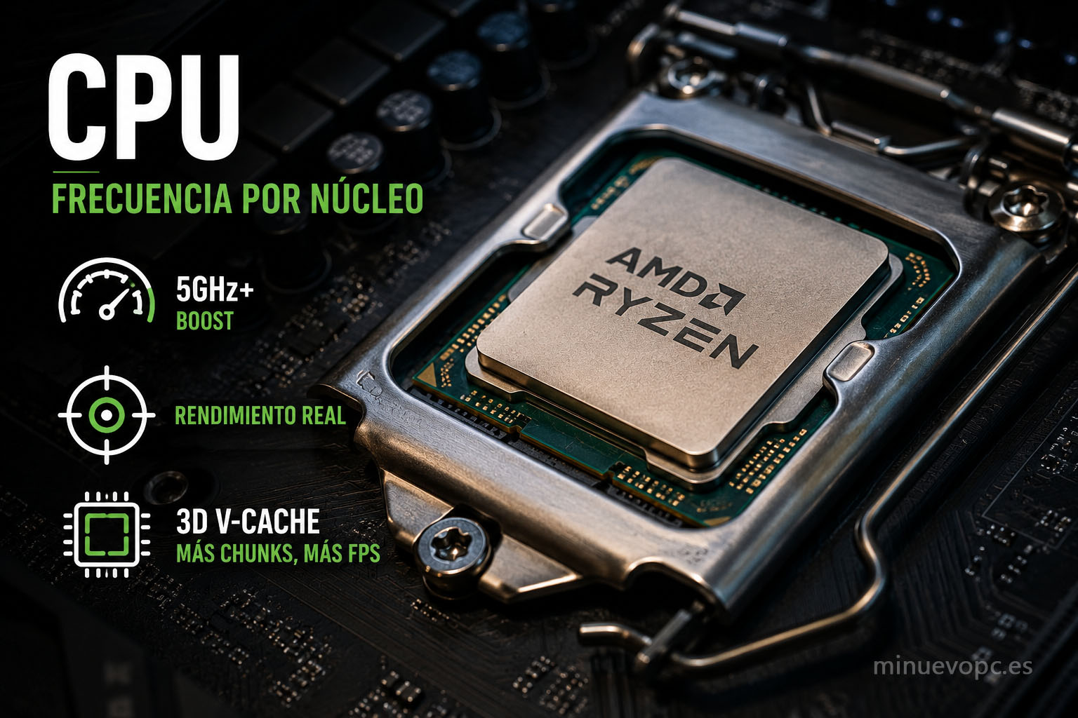 CPU moderna con alta frecuencia de boost, recomendada para jugar Minecraft Java con más FPS y mejor carga de chunks