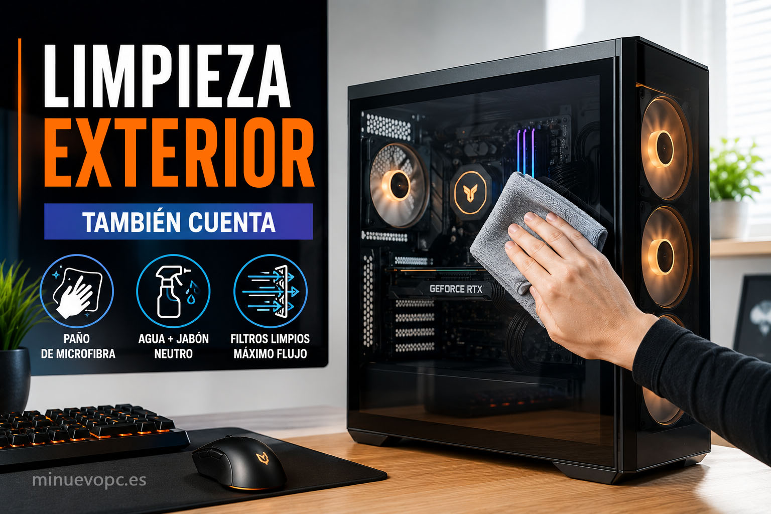 Limpieza exterior de un PC gaming con paño de microfibra sobre el cristal templado, una forma sencilla de cuidar el equipo