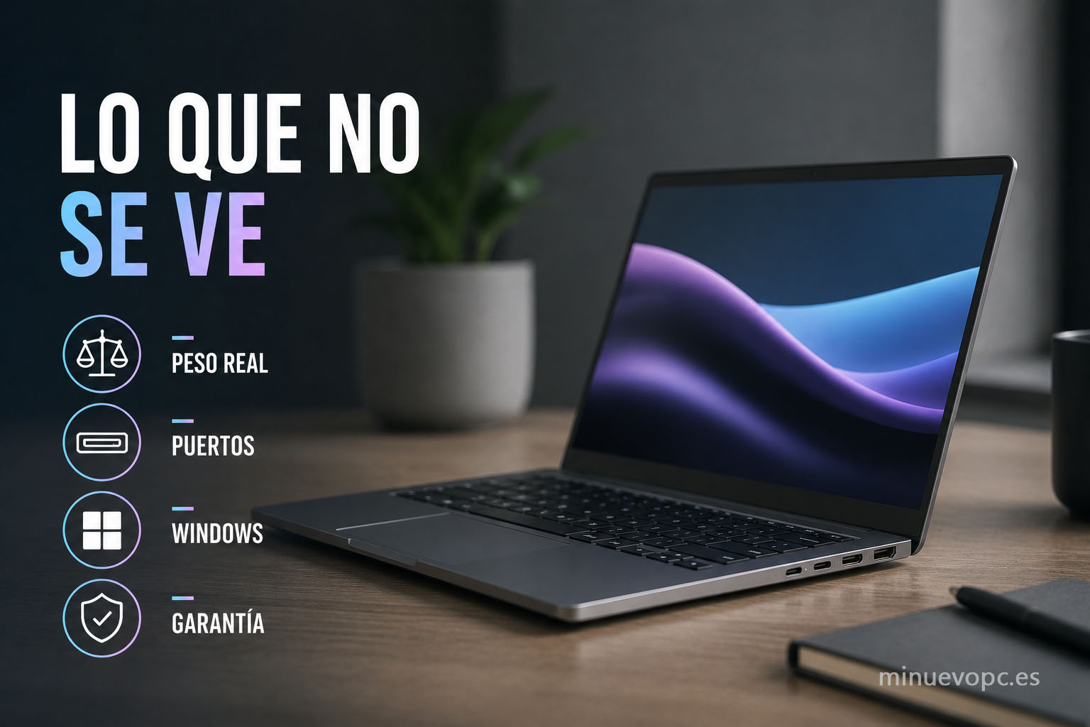Detalle lateral de un portátil de 14 pulgadas con sus puertos, peso real, Windows y garantía, claves que revisar antes de comprar