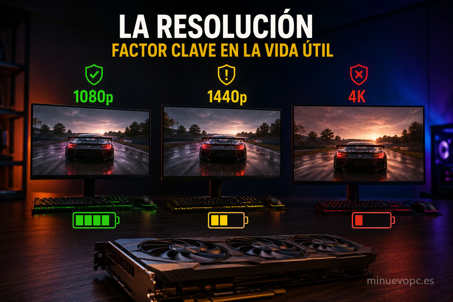Comparativa entre 1080p, 1440p y 4K mostrando cuánto dura un PC gaming según la resolución y la vida útil de la GPU