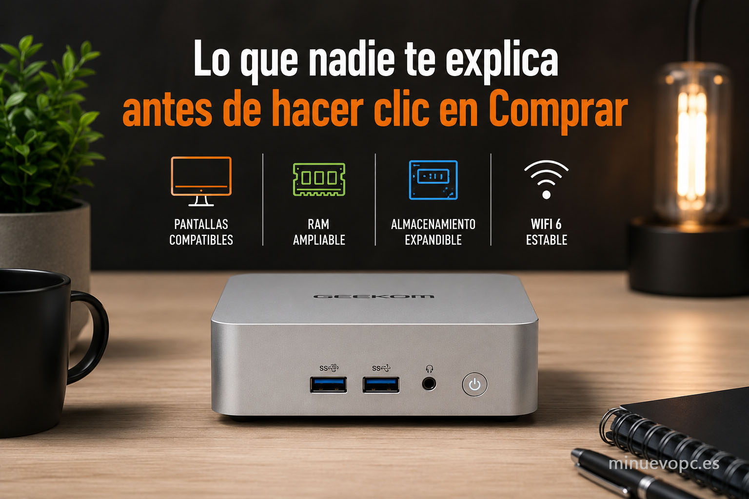 Mini PC para teletrabajo mostrando compatibilidad con varios monitores, RAM ampliable, almacenamiento expandible y WiFi 6 antes de comprar.