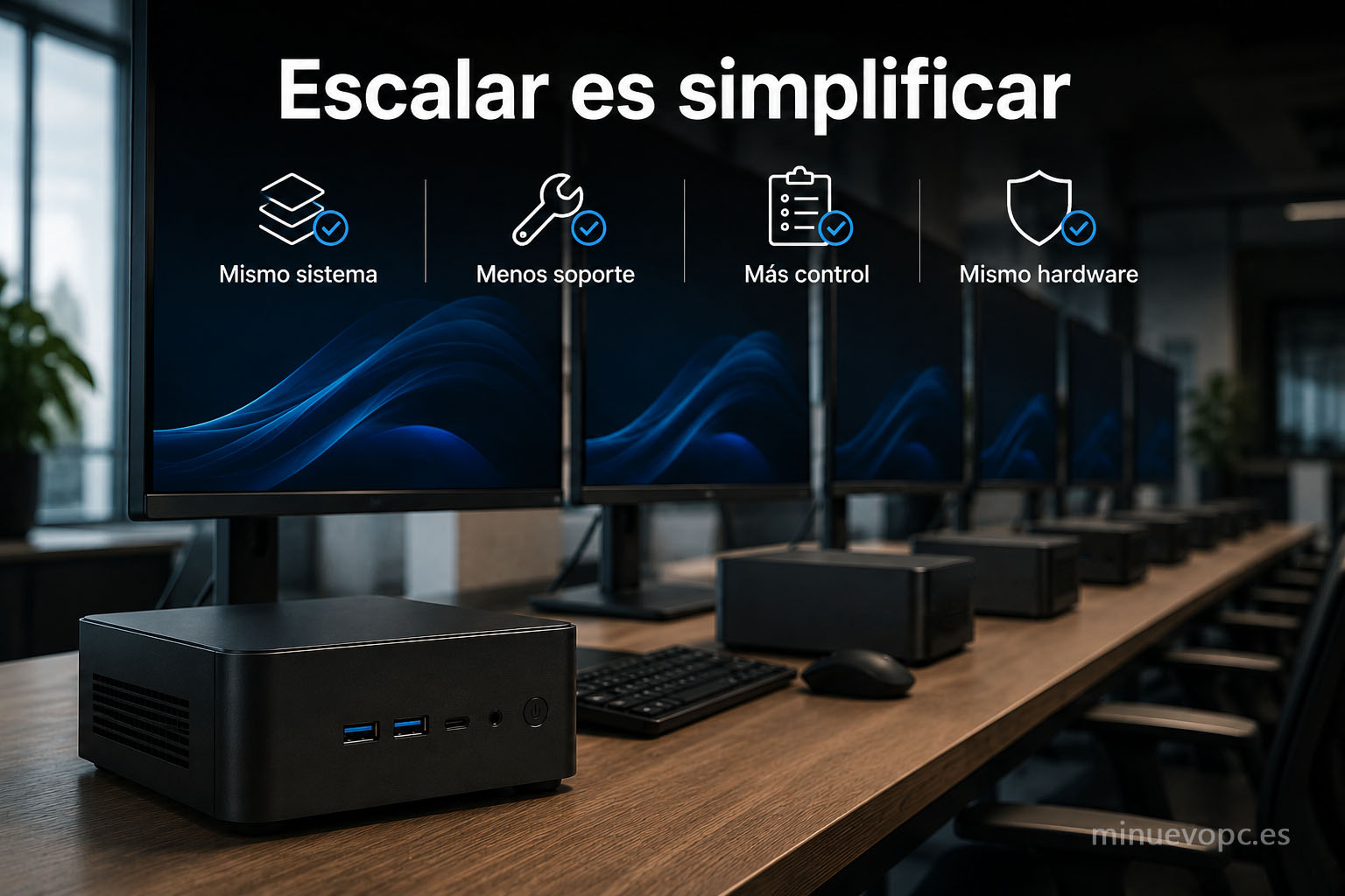 Despliegue de mini PC en empresa con equipos homogéneos para reducir soporte IT, simplificar mantenimiento y mejorar la gestión