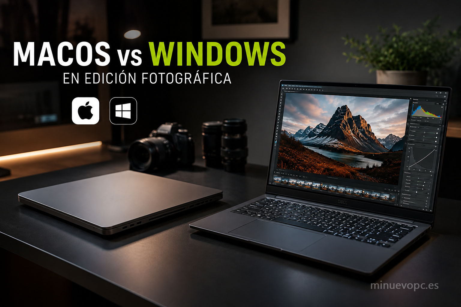 MacBook y portátil Windows en un entorno fotográfico, mostrando diferencias de pantalla, rendimiento y compatibilidad al elegir equipo para Photoshop