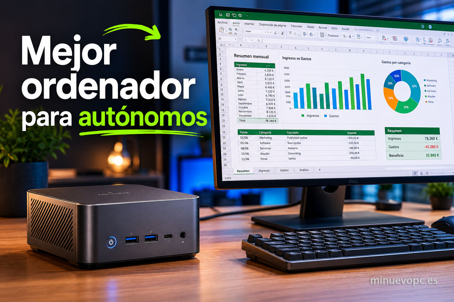 Mejor ordenador para autónomos con mini PC moderno y monitor profesional para trabajar con Excel y multitarea diaria