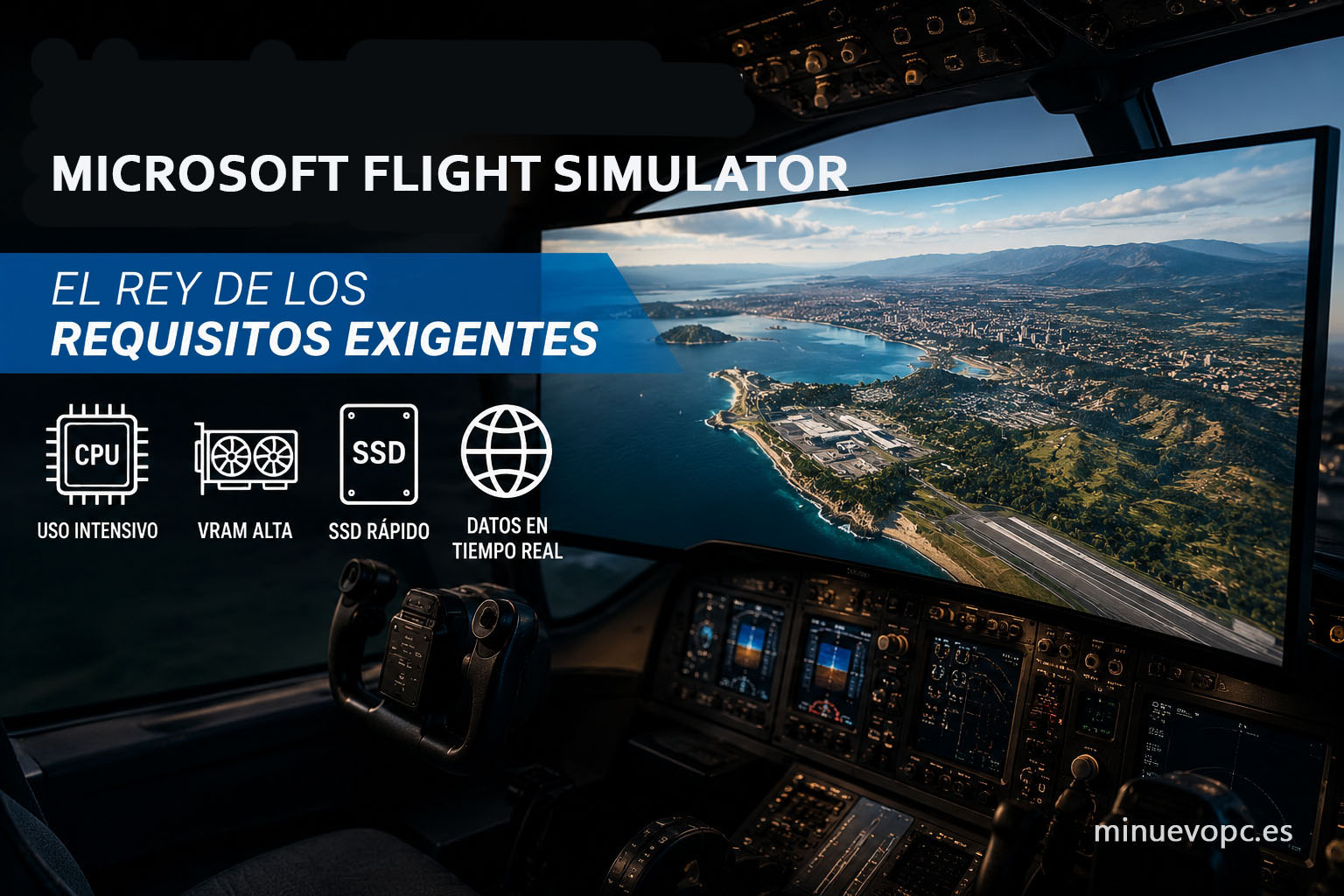 Cabina de vuelo con Microsoft Flight Simulator mostrando un escenario detallado y hardware potente para disfrutar de vuelos fluidos y realistas