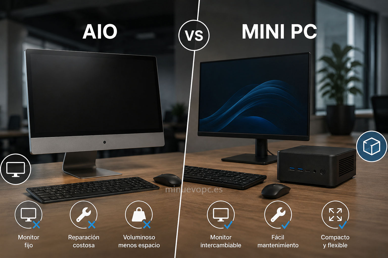 Comparativa entre ordenador todo en uno y mini PC para oficina, analizando espacio, mantenimiento, flexibilidad y coste operativo