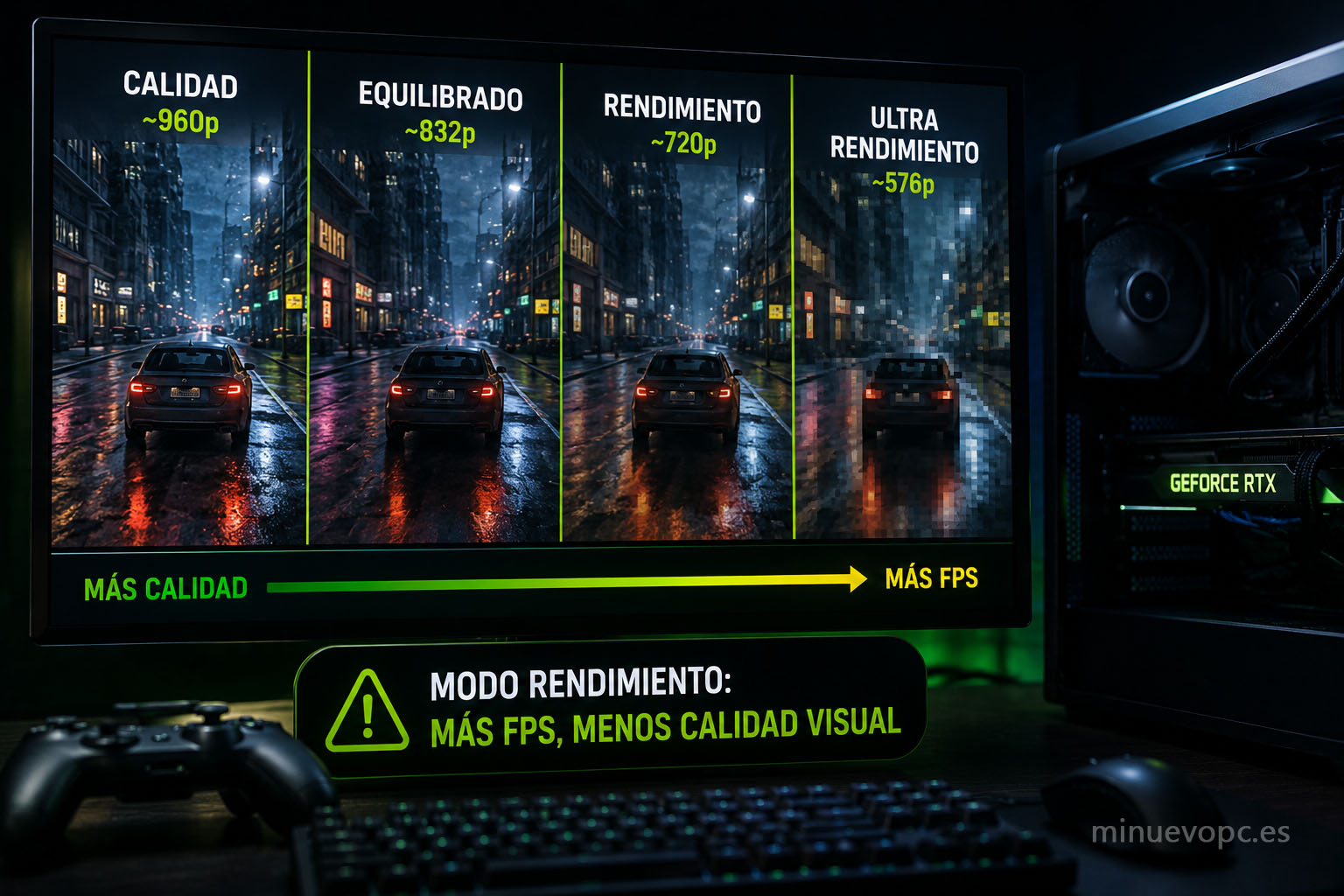 Comparación visual entre modos Calidad y Rendimiento de DLSS y FSR para comprar una tarjeta gráfica con mejor equilibrio entre FPS y calidad de imagen.