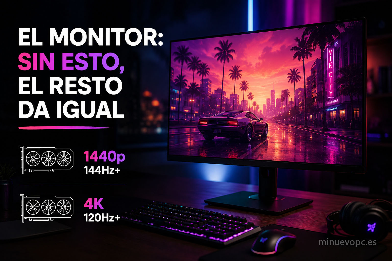 Monitor gaming 1440p a 144 Hz junto a un PC con gráfica RTX, la mejor combinación para disfrutar GTA VI con máxima calidad visual y fluidez