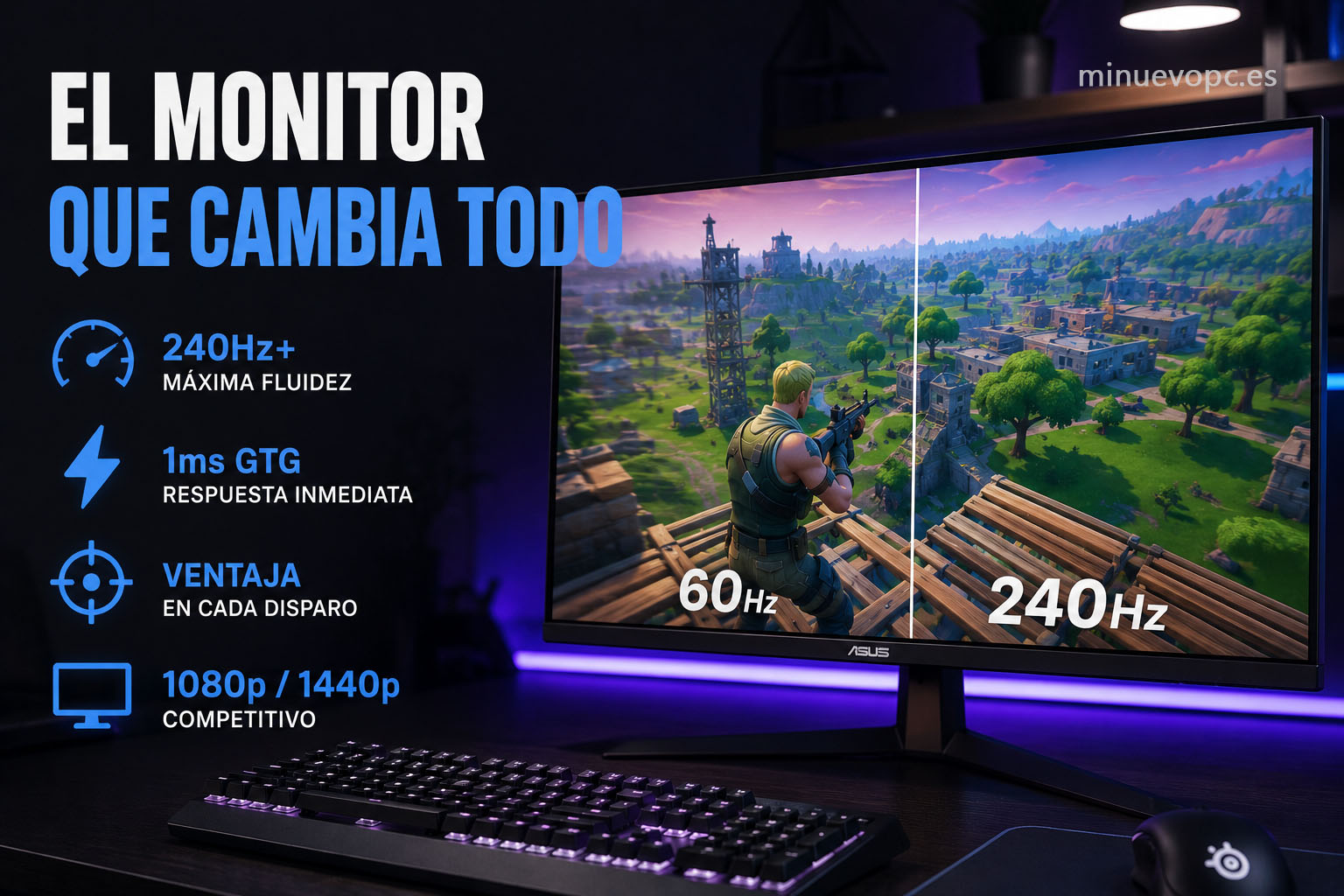 Monitor gaming 240 Hz para Fortnite con baja latencia y máxima fluidez, recomendado para un setup competitivo de alto rendimiento.