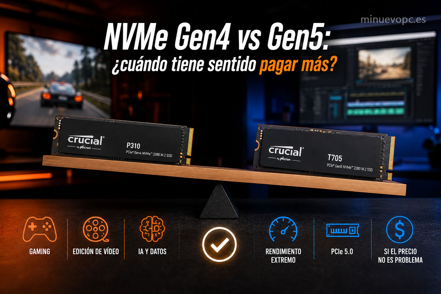 Comparativa SSD NVMe Gen4 vs Gen5 mostrando diferencias de rendimiento, precio y casos de uso para decidir si merece la pena comprar Gen5