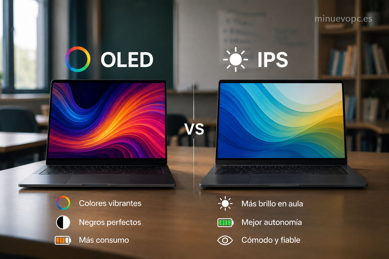 Comparativa entre pantalla OLED e IPS en portátil para profesores con mejor brillo, autonomía y comodidad para el aula