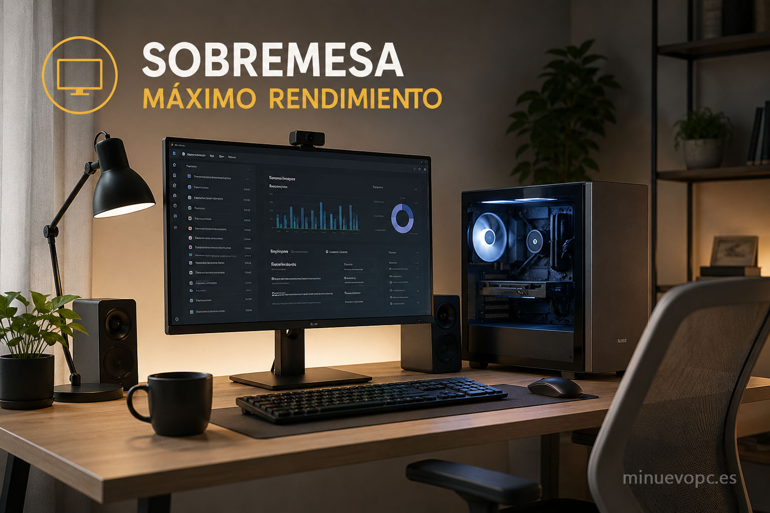 Ordenador de sobremesa con torre y monitor grande en un escritorio de trabajo organizado, mostrando un setup fijo para teletrabajo con mayor rendimiento, refrigeración, ergonomía y espacio de pantalla