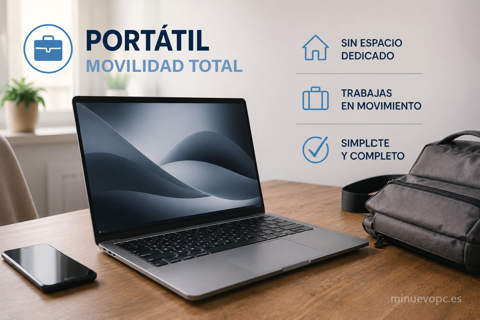 Portátil moderno sobre un escritorio junto a una mochila, representando movilidad, sencillez y flexibilidad para trabajar desde casa u otros lugares sin necesidad de un espacio fijo